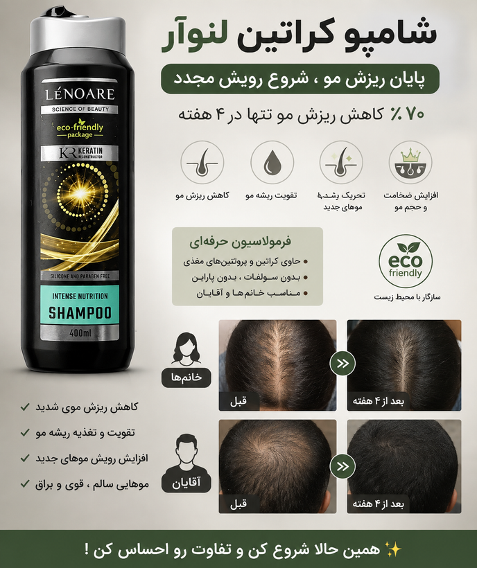 شامپو کراتین لنوآر LÉNOARE 400ml | ضد ریزش و تقویتکننده مو | حاوی کراتین